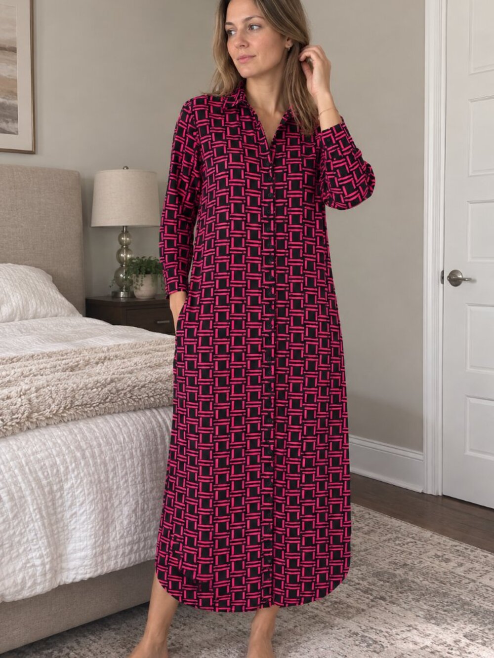 Live 4 Truth Oversized Shirt Dress Women's S Black Pink Geometric Print Button
